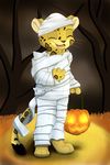  2016 cat costume cub cute eyes_closed fall fangs feline food fruit grass halloween holidays jack_o&#039;_lantern jaguar male mammal mummy night open_mouth outside pumpkin seasonal smile solo teeth tongue undead xxgato young 