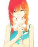  arm_at_side bangs bare_legs blue_eyes braid commentary covered_mouth eyelashes flat_chest flower gradient hair_over_one_eye hair_over_shoulder highres holding holding_flower lily_(flower) long_hair looking_at_viewer minamito original red_hair shade sky_print solo spaghetti_strap summer twin_braids twintails upper_body white_background white_flower 