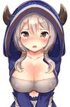  :o bangs blush breast_squeeze breasts brown_eyes camieux cleavage collarbone covered_nipples draph granblue_fantasy hair_between_eyes hair_tie hood hooded_jacket horns ichihaya jacket large_breasts long_hair long_sleeves looking_at_viewer low_twintails no_bra silver_hair simple_background solo strapless tears tubetop twintails upper_body v_arms white_background yellow_eyes 