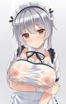  apron blush breasts brown_eyes collarbone covered_nipples gradient gradient_background highres large_breasts long_hair maid maid_headdress mizunashi_kenichi see-through silver_hair simple_background solo twintails waist_apron wet wet_clothes wrist_cuffs 