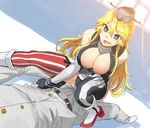  1girl admiral_(kantai_collection) black_panties blonde_hair blue_eyes boots breasts chain cleavage dutch_angle elbow_gloves eyebrows_visible_through_hair fingerless_gloves front-tie_top garter_straps gloves hair_between_eyes head_out_of_frame headgear high_heel_boots high_heels indoors iowa_(kantai_collection) kantai_collection large_breasts long_hair military military_uniform miniskirt naval_uniform open_mouth panties pantyshot same_no_fukahire skirt squatting star star-shaped_pupils striped striped_legwear sunlight symbol-shaped_pupils thighhighs underwear uniform vertical-striped_legwear vertical_stripes white_footwear window 