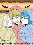  bat blonde_hair blue_eyes blue_hair boy_sandwich cheek-to-cheek closed_eyes ghost_costume gokotai hair_over_one_eye halloween hood jack-o'-lantern kagetora male_focus multiple_boys one_eye_closed open_mouth sandwiched sayo_samonji sleeves_past_wrists smile touken_ranbu twitter_username white_hair yamanbagiri_kunihiro 