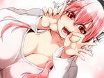  blush breasts cleavage commentary_request headphones isuna large_breasts long_hair looking_at_viewer nitroplus open_mouth pink_hair red_eyes smile solo super_sonico 