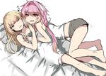  1other androgynous ass astolfo_(fate) blonde_hair blue_eyes blush chevalier_d'eon_(fate/grand_order) commentary_request fate/apocrypha fate/grand_order fate_(series) heart heart-shaped_pupils jpeg_artifacts long_hair nagatsuki_take on_bed on_person open_mouth otoko_no_ko pink_hair shorts symbol-shaped_pupils 