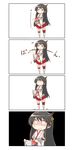  &gt;_&lt; 4koma absurdres black_hair calbee_(potato_chips) chibi closed_eyes comic commentary detached_sleeves fusou_(kantai_collection) hair_ornament highres japanese_clothes kantai_collection long_hair miniskirt nanakusa_nazuna nontraditional_miko red_skirt skirt translated trembling 
