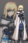  armor bandage_over_one_eye blonde_hair cape crossed_arms eyepatch fate/empire_of_dirt fate_(series) greaves green_eyes highres long_hair original shijiu_(adamhutt) solo sword weapon zoom_layer 