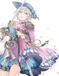 :d anastasia_(idolmaster) blue_eyes blue_hat cape duoyuanjun granblue_fantasy hat highres holding holding_sword holding_weapon idolmaster idolmaster_cinderella_girls jewelry looking_at_viewer necklace open_mouth rapier see-through silver_hair smile solo standing sword thigh_strap weapon 