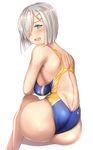  ass blue_eyes blush body_blush breasts commentary_request competition_swimsuit from_behind hair_ornament hair_over_one_eye hairclip hamakaze_(kantai_collection) kantai_collection large_breasts looking_at_viewer looking_back one-piece_swimsuit open_mouth shiny shiny_clothes shiny_hair shiny_skin sideboob silver_hair simple_background sitting solo swimsuit untsue white_background 