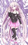  asymmetrical_legwear black_legwear collar collarbone daburu hair_between_eyes hair_twirling highres ia_(vocaloid) kneehighs long_hair pink_skirt pleated_skirt purple_eyes silver_hair skirt solo thighhighs very_long_hair vocaloid 