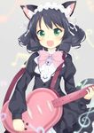  :d animal_ears bass_clef beamed_sixteenth_notes bell black_hair blush cat_ears curly_hair cyan_(show_by_rock!!) dress eighth_note electric_guitar fang green_eyes guitar heart heart_guitar instrument jingle_bell maccha musical_note open_mouth quarter_note short_hair show_by_rock!! smile solo sparkling_eyes strawberry_heart tail treble_clef 