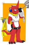  axl_shoutmon border broken_horn cel_shading digimon facial_scar featureless_crotch front-view full-length_portrait heibanhikaru holding_object holding_weapon looking_at_viewer male melee_weapon mostly_nude polearm portrait scalie shoutmon solo standing weapon 