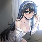 adjusting_eyewear artist_name black_hair blue_eyes blush breasts curtains dress_shirt glasses hairband highres kantai_collection kneeling long_hair looking_at_viewer medium_breasts naked_shirt off_shoulder one_eye_closed ooyodo_(kantai_collection) open_mouth shirt solo tears the-sinner window 