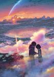  1girl absurdres black_hair bow cloud comet crater full_body hair_ribbon highres hood hoodie horizon kimi_no_na_wa lake landscape marker miyamizu_mitsuha mountain official_art orange_(color) orange_sky pink ribbon school_uniform shinkai_makoto short_hair sky spoilers standing sunset tachibana_taki tanaka_masayoshi tanji_takumi twilight 