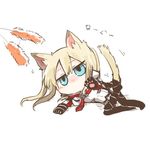  animal_ears black_gloves black_legwear blonde_hair blue_eyes cat_ears cat_paws cat_tail cat_teaser check_translation chibi commentary_request gloves graf_zeppelin_(kantai_collection) kantai_collection kemonomimi_mode lowres lying miniskirt no_hat no_headwear no_mouth no_nose on_side pantyhose paws rebecca_(keinelove) sketch skirt solo tail translation_request 