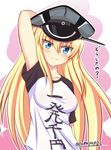  alternate_costume arm_up armpit_peek bismarck_(kantai_collection) blonde_hair blue_eyes breasts closed_mouth clothes_writing commentary_request eyebrows eyebrows_visible_through_hair hat highres kantai_collection long_hair looking_at_viewer medium_breasts peaked_cap shirt solo t-shirt tamayan translated twitter_username upper_body 
