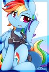  blue_fur clothed clothing cutie_mark dshou equine female feral fluffy friendship_is_magic fur hair hooves mammal multicolored_hair my_little_pony open_mouth pegasus pink_eyes rainbow_dash_(mlp) rainbow_hair red_eyes sitting teeth wings 