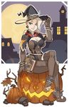 alternate_costume belt_boots blonde_hair bodysuit boots bracelet breasts brown_footwear brown_gloves brown_legwear cape cleavage earrings food_themed_earrings gloves grey_eyes halloween hat highres jack-o'-lantern jack-o'-lantern_earrings jewelry large_breasts manual mercy_(overwatch) moon night overwatch pumpkin solo splashbrush tower witch witch_hat witch_mercy 