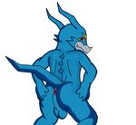  2016 anthro anus balls butt digimon dragon lusarthel male penis presenting presenting_hindquarters simple_background smile solo spread_legs spreading teeth veemon white_background 