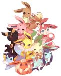  2016 blush drooling eevee eeveelution espeon eyes_closed feral flareon fur glaceon group jolteon leafeon looking_at_viewer lying mammal nintendo one_eye_closed open_mouth pok&eacute;mon saliva side_view sleepy smile sylveon umbreon vaporeon video_games ぬこちー 