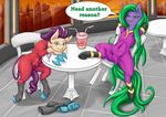  2016 absurd_res alcor90 chair clothed clothing dialogue duo earth_pony english_text equine fan_character female friendship_is_magic green_hair hair hi_res horse inside looking_at_viewer mammal mane-iac_(mlp) my_little_pony pony purple_hair smile spread_legs spreading straw text 