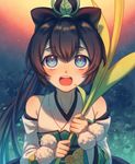  :d aluce bare_shoulders black_hair blue_eyes blush bow dandelion flower hair_bow happy highres japanese_clothes long_hair looking_up onmyoji open_mouth ponytail smile solo very_long_hair ying_grass 