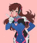  animal_print artist_name bodysuit brown_eyes brown_hair bubble_blowing bunny_print chewing_gum com_(com0107) cowboy_shot d.va_(overwatch) facepaint facial_mark gloves hand_on_hip headset highres long_hair looking_at_viewer overwatch pilot_suit pink_background ribbed_bodysuit simple_background solo sparkle v whisker_markings white_gloves 