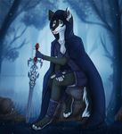  anthro canine clothed clothing female kaiotawolf looking_at_viewer mammal melee_weapon outside sitting solo sword tongue tongue_out weapon 