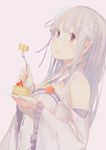  bare_shoulders braid breasts cake cleavage elf emilia_(re:zero) flower food fork french_braid hair_flower hair_ornament hair_ribbon highres jq long_hair looking_at_viewer medium_breasts plate pointy_ears purple_eyes re:zero_kara_hajimeru_isekai_seikatsu ribbon silver_hair smile solo 