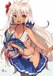  :d bikini blue_skirt blurry bow breasts brown_eyes cleavage collarbone dark_skin depth_of_field dragon eyebrows eyebrows_visible_through_hair flower granblue_fantasy hair_between_eyes hair_flower hair_ornament halterneck leaning_forward long_hair looking_at_viewer medium_breasts open_mouth pleated_skirt shugao simple_background skirt smile standing swimsuit tail tail_bow very_long_hair water_drop white_background white_bikini white_hair zooey_(granblue_fantasy) 