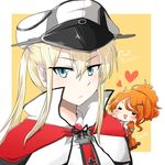  aquila_(kantai_collection) blonde_hair blue_eyes blush character_name chibi closed_eyes clothes_grab graf_zeppelin_(kantai_collection) hair_between_eyes hair_ornament hairclip hat heart high_ponytail highres iron_cross kantai_collection looking_at_viewer military_hat minigirl multiple_girls open_mouth orange_hair peaked_cap rebecca_(keinelove) sidelocks twintails 