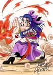  blue_eyes blue_hair bow breasts dragon_quest dragon_quest_v dress earrings fighting_stance fire flora gengoro_akemori hair_bow half_updo jewelry large_breasts long_hair magic pink_bow scepter solo spell staff 