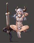  blue_eyes breasts crossed_legs deel_(rkeg) dragon_girl dragon_horns dragon_tail fangs grey_background highres horn_ornament horns large_breasts long_hair naked_tabard open_mouth original sideboob silver_hair simple_background solo sword tabard tail turtleneck weapon 