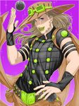  ball belt_buckle buckle contrapposto cowboy_hat facial_hair gold_teeth green_lipstick grin gyro_zeppeli hand_on_hip hat highres holster jojo_no_kimyou_na_bouken light_brown_hair lipstick long_hair makeup male_focus omotichan outline red_eyes smile solo sparkle standing steel_ball steel_ball_run upper_body 