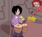  2016 4_fingers animatronic anthro baby_(fnafsl) blush butter clothing dialogue digital_drawing_(artwork) digital_media_(artwork) e-01_(artist) eggs_benedict_(fnafsl) english_text female five_nights_at_freddy&#039;s food hair human humanoid machine male mammal microphone not_furry red_nose robot simple_background sister_location text video_games 