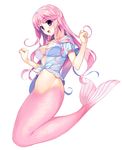  bikini_top breasts clenched_hands full_body fumio_(ura_fmo) hairband hatsuru_koto_naki_mirai_yori highres jewelry long_hair medium_breasts meltyna mermaid monster_girl navel necklace official_art open_mouth pink_eyes pink_hair simple_background solo white_background 
