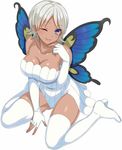  bare_shoulders blue_eyes blue_wings boots breasts butterfly_wings cleavage dark_skin dress elbow_gloves eyebrows eyebrows_visible_through_hair fingerless_gloves full_body gloves highres kure_masahiro large_breasts looking_at_viewer medium_breasts multicolored multicolored_wings one_eye_closed patti_runt short_hair silver_hair simple_background sitting smile solo strapless strapless_dress thigh_boots thighhighs valkyrie_drive valkyrie_drive_-siren- wariza white_background white_footwear white_gloves white_legwear wings 