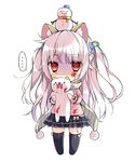  1girl :3 alternate_eye_color animal animal_ears animal_print bad_id bad_pixiv_id bangs black_legwear black_skirt blood blood_on_face bloody_clothes blue_bow blunt_bangs bow cat cat_ears cat_hair_ornament cat_print chibi covered_mouth eyebrows eyebrows_visible_through_hair fang frilled_skirt frills full_body fur_trim hair_bow hair_ornament holding holding_animal long_hair long_sleeves miniskirt neko_atsume no_feet no_shoes object_on_head open_mouth personification pikomint pink_hair pink_shirt pom_pom_(clothes) red_eyes scarf shaded_face shirt silver_hair simple_background skirt smile snowman solo spoken_ellipsis standing striped striped_scarf thighhighs two_side_up very_long_hair white_background winter_clothes yellow_scarf yukineko-san zettai_ryouiki 