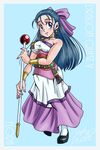  blue_eyes blue_hair bow breasts dragon_quest dragon_quest_v dress earrings flora gengoro_akemori hair_bow half_updo jewelry large_breasts long_hair pink_bow scepter smile solo staff 