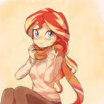  baekgup blue_eyes long_hair looking_at_viewer multicolored_hair my_little_pony my_little_pony_equestria_girls pantyhose personification red_hair scarf simple_background solo streaked_hair sunset_shimmer sweater 