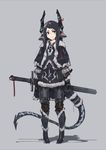  animal_ears black_gloves blue_coat blue_eyes blue_footwear blue_hair boots capelet coat deel_(rkeg) dragon_ears dragon_girl dragon_horns dragon_tail gloves grey_background highres horn_ornament horns knee_boots long_hair myr_(deel) original prototype shadow shorts simple_background solo sword tail weapon winter_clothes 