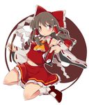  absurdres bare_shoulders bow brown_hair detached_sleeves hair_bow hair_tubes hakurei_reimu highres long_hair midriff miniskirt mukuroi navel red_eyes red_shirt red_skirt shirt skirt skirt_set solo touhou yin_yang 