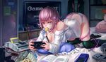  all_fours black_legwear book breasts cleavage ctrlz77 danganronpa food food_in_mouth game_boy game_console handheld_game_console highres large_breasts naked_shirt nanami_chiaki nes open_book panties pillow pinup playing_games playstation_4 playstation_portable purple_eyes purple_hair shirt solo super_danganronpa_2 teeth television thighhighs umaibou underwear white_panties 