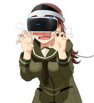  between_breasts blood bloody_clothes breasts brown_hair commentary drooling grabbing green_shirt kantai_collection kozou_(rifa) large_breasts long_hair long_sleeves necktie necktie_between_breasts nosebleed ooi_(kantai_collection) open_mouth playstation_vr saliva shirt skirt solo steam teeth vr_visor 