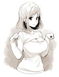  breasts cleavage_cutout commentary_request large_breasts meme_attire monochrome open-chest_sweater paw_pose red_eyes sasamori_tomoe short_hair solo spot_color sweater turtleneck upper_body 