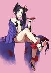 :d absurdres alcohol anklet ass barefoot barefoot_sandals black_hair blue_eyes breasts chu_love_yun cosplay cup fate/grand_order fate_(series) feet highres jewelry long_hair open_mouth revealing_clothes sakazuki sake shuten_douji_(fate/grand_order) shuten_douji_(fate/grand_order)_(cosplay) side_ponytail sitting small_breasts smile soles solo spread_toes toes ushiwakamaru_(fate/grand_order) 