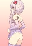  arm_warmers ass blush cowboy_shot dress hair_ornament highres hiraga_matsuri long_hair looking_at_viewer no_panties profile purple_dress purple_hair purple_legwear short_dress short_hair_with_long_locks sidelocks simple_background sketch solo standing thighhighs vocaloid voiceroid yuzuki_yukari 