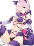  animal_costume animal_ears artist_name blush bow breasts cameltoe closed_mouth dangerous_beast elbow_gloves eyebrows eyebrows_visible_through_hair fang_out fate/grand_order fate_(series) fur_trim gloves hair_over_one_eye halloween_costume holding_tail jewelry knee_up kyouki lace lace-trimmed_thighhighs lace_trim looking_at_viewer mash_kyrielight medium_breasts navel o-ring purple_eyes purple_gloves purple_hair red_bow revealing_clothes short_hair simple_background sitting skin_tight solo strap_gap tail thighhighs underboob white_background wolf_ears wolf_tail 