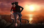  anthro canine clothed clothing cloud english_text feline kaiotawolf male male/male mammal outside smile standing text 