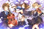  2girls :3 :d ;) bad_id bad_pixiv_id beamed_eighth_notes blue_neckwear bow_(instrument) brown_eyes brown_hair capelet cello djeeta_(granblue_fantasy) eighth_note elbow_gloves formal gloves gran_(granblue_fantasy) granblue_fantasy green_eyes grin hairband highres instrument long_hair looking_at_viewer multiple_girls musical_note necktie novei_(granblue_fantasy) one_eye_closed open_mouth smile staff_(music) suit sweetroad vee_(granblue_fantasy) viola_(instrument) violin wrist_cuffs 