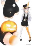  2016 ama_mitsuki animal_ears arms_behind_back ass black_footwear blue_eyes blush bunny_ears bunny_tail commentary dated duplicate fake_animal_ears full_body hair_between_eyes halloween hat hat_ribbon jack-o'-lantern jewelry kantai_collection long_hair lying mary_janes mismatched_legwear multiple_views necklace object_on_ass on_stomach open_mouth orange_legwear orange_panties panties pantyshot pantyshot_(lying) puffy_short_sleeves puffy_sleeves pumpkin ribbon shoes short_sleeves shorts signature silver_hair simple_background standing strappy_heels tail thighhighs top_hat translated trick_or_treat u-511_(kantai_collection) underwear watch white_background white_legwear 